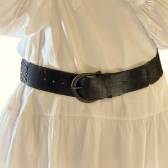 Vtg New Ralph Lauren wide leather belt Tooled Braid Brass buckle Boho Western L - Picture 2 of 16